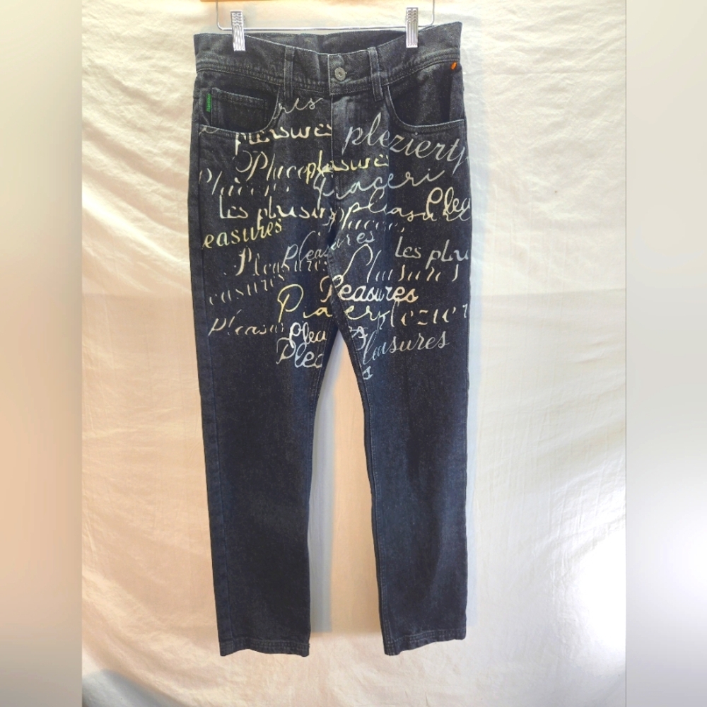 Pleasures W28" L30" Black Shatter Denim Jeans Men's Script Logo Straight Leg Fit